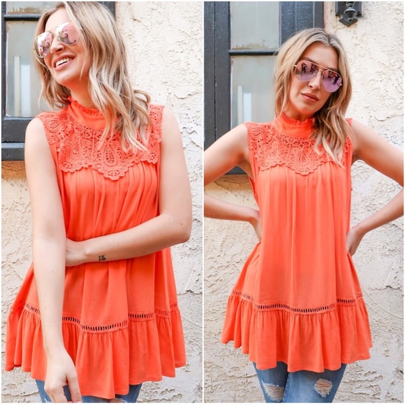 019 Boho Orange Mock Neck Lace Ruffle Tunic Top - Picture 5 of 5